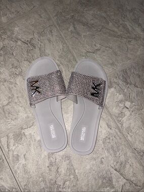 Michael Kors Silver Crystal-Embellished Slide Sandals